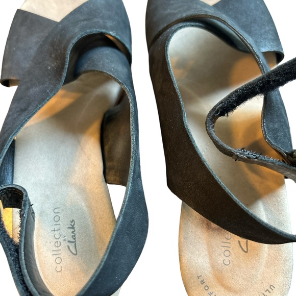 Clarks Annadel Eirwyn Black Leather Wedge Sandals sz 8 1/2 - Picture 3 of 9